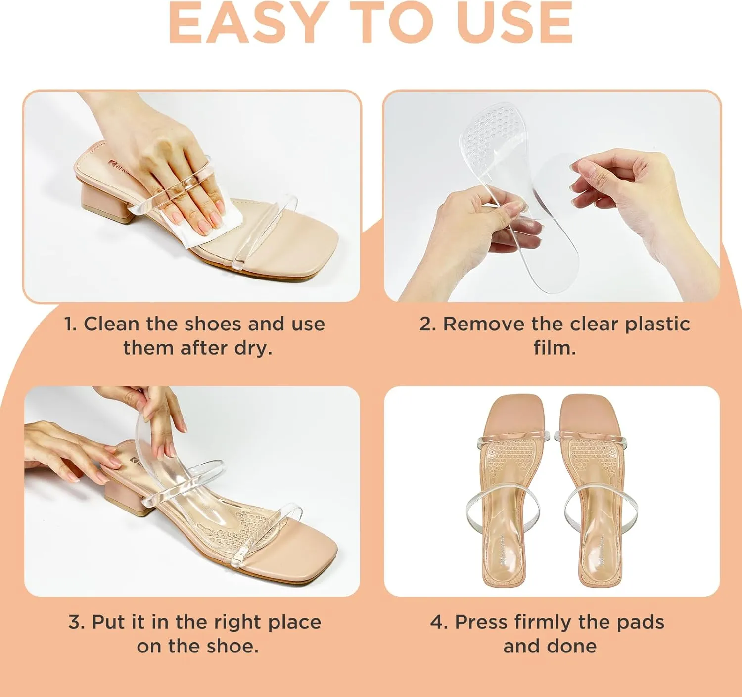 3/4 High Heel Cushion Insoles, Self-Adhesive Arch Support Inserts for Flat Feet and Arch Pain Relief, Gel Shoe Inserts for Sandal, Flats and High Heels (2 Pairs, Transparent, Women's 5-9)