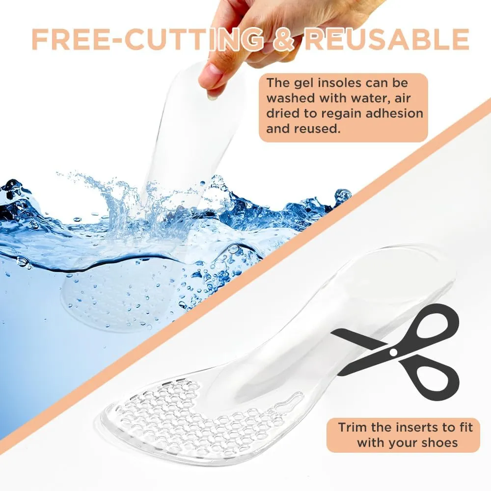 3/4 High Heel Cushion Insoles, Self-Adhesive Arch Support Inserts for Flat Feet and Arch Pain Relief, Gel Shoe Inserts for Sandal, Flats and High Heels (2 Pairs, Transparent, Women's 5-9)