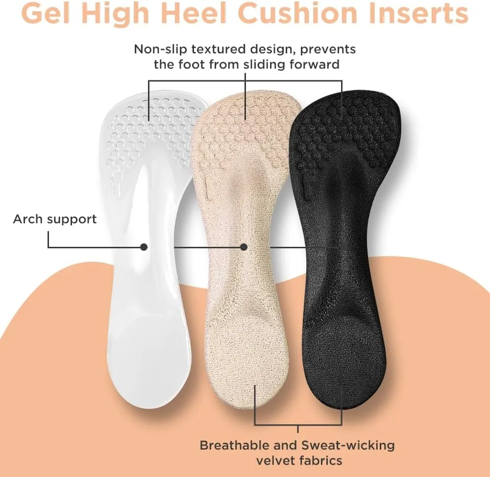 3/4 High Heel Cushion Insoles, Self-Adhesive Arch Support Inserts for Flat Feet and Arch Pain Relief, Gel Shoe Inserts for Sandal, Flats and High Heels (2 Pairs, Transparent, Women's 5-9)