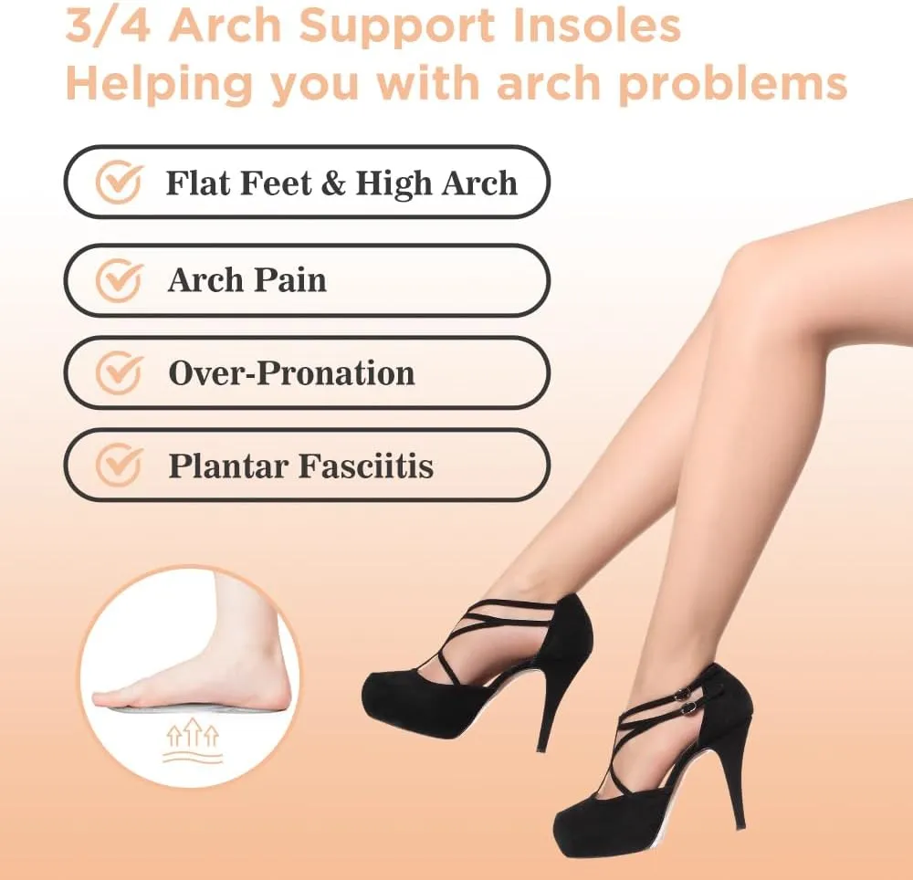 3/4 High Heel Cushion Insoles, Self-Adhesive Arch Support Inserts for Flat Feet and Arch Pain Relief, Gel Shoe Inserts for Sandal, Flats and High Heels (2 Pairs, Transparent, Women's 5-9)