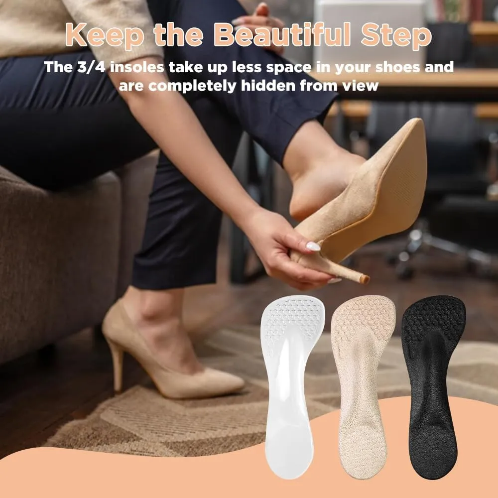 3/4 High Heel Cushion Insoles, Self-Adhesive Arch Support Inserts for Flat Feet and Arch Pain Relief, Gel Shoe Inserts for Sandal, Flats and High Heels (2 Pairs, Transparent, Women's 5-9)