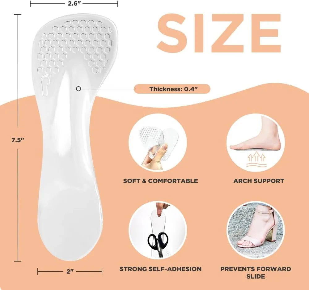 3/4 High Heel Cushion Insoles, Self-Adhesive Arch Support Inserts for Flat Feet and Arch Pain Relief, Gel Shoe Inserts for Sandal, Flats and High Heels (2 Pairs, Transparent, Women's 5-9)