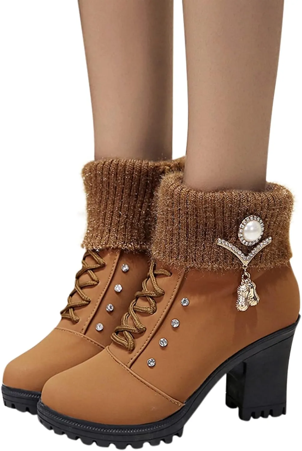 Aniywn Ankle Boots,Women Winter Chunky High Heels Boots Fall Combat Lace Up Booties Platform Shoes