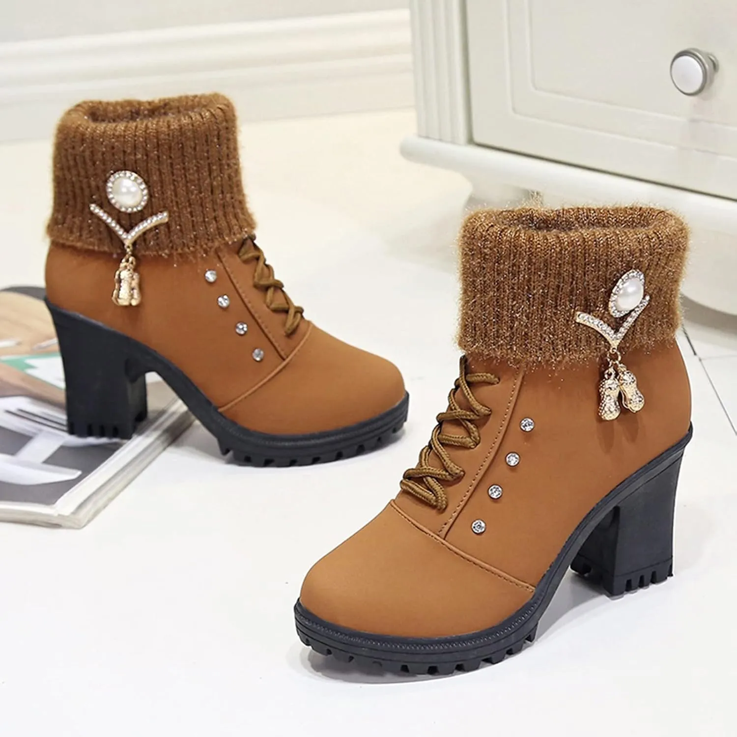 Aniywn Ankle Boots,Women Winter Chunky High Heels Boots Fall Combat Lace Up Booties Platform Shoes