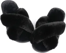 Ankis Womens Fuzzy Memory Foam Slippers Cross Band Cozy Plush Home Slippers Fluffy Furry Open Toe House Shoes Indoor Outdoor Slide Slipper