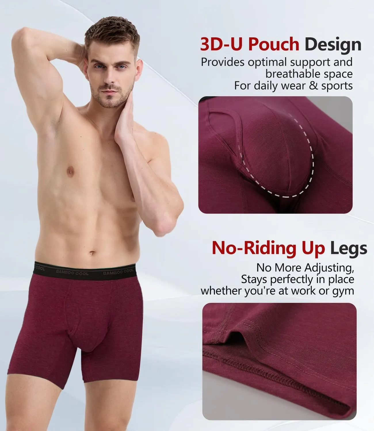 BAMBOO COOL Men's Underwear Boxer Briefs Ultra Breathable Stretch No Riding Up with Fly Multipack