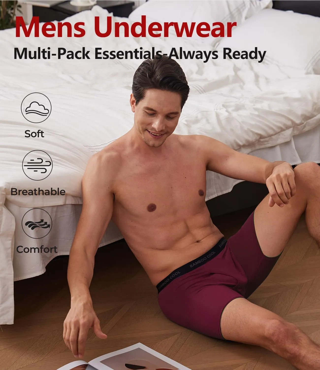 BAMBOO COOL Men's Underwear Boxer Briefs Ultra Breathable Stretch No Riding Up with Fly Multipack