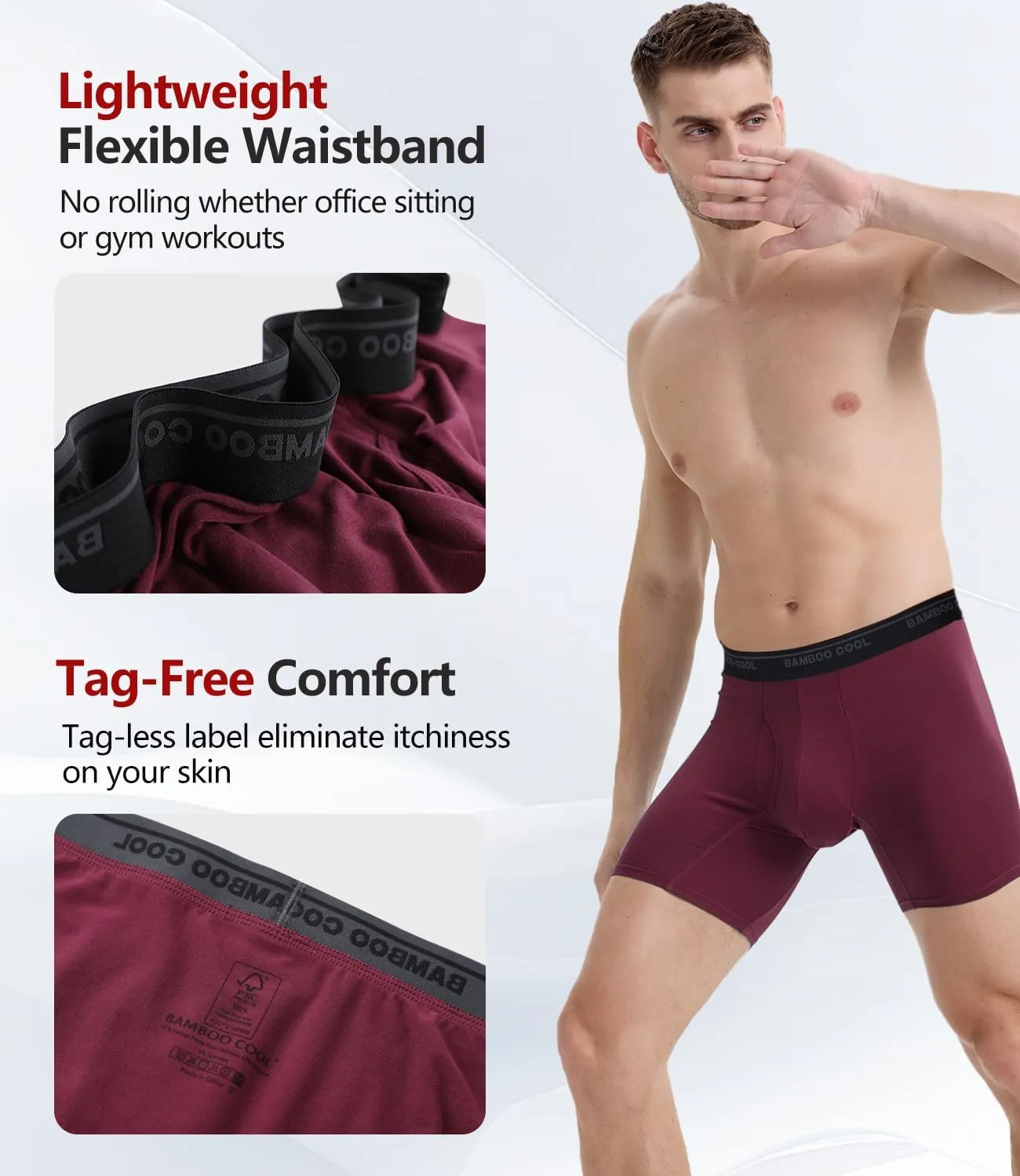 BAMBOO COOL Men's Underwear Boxer Briefs Ultra Breathable Stretch No Riding Up with Fly Multipack