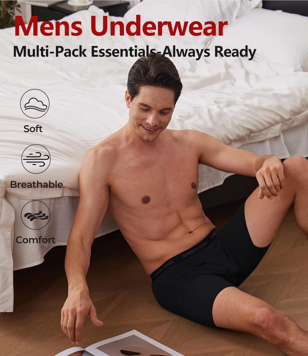 BAMBOO COOL Men's Underwear Boxer Briefs Ultra Breathable Stretch No Riding Up with Fly Multipack