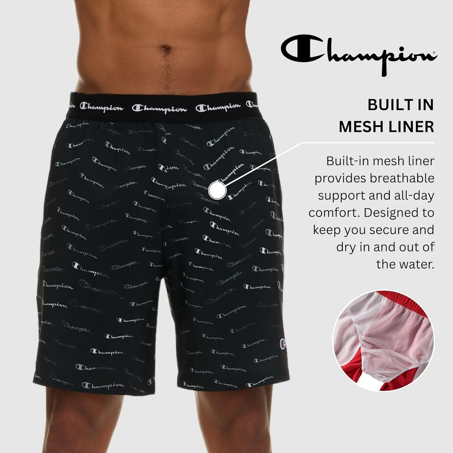 Champion Mens Swim Trunks with Mesh Liner, 7" Inseam Quick Drying Mens Bathing Suit, Board Shorts for Swimming and Beach