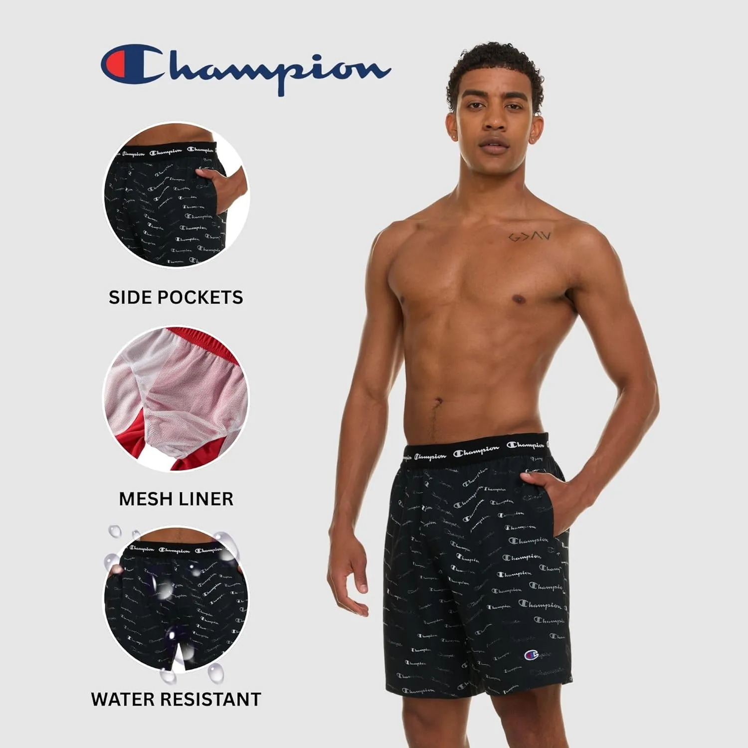 Champion Mens Swim Trunks with Mesh Liner, 7" Inseam Quick Drying Mens Bathing Suit, Board Shorts for Swimming and Beach
