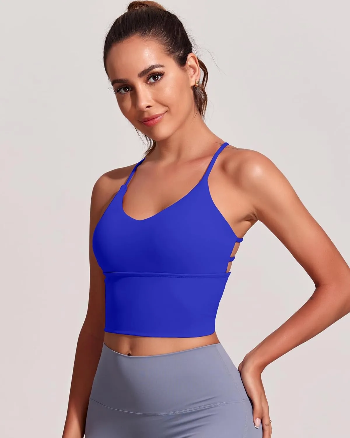 Everrysea Women Longline Sports Bra Strappy Open Back Workout Tank Tops Built in Bra Cross Activewear Yoga Shirts Fitness Gym