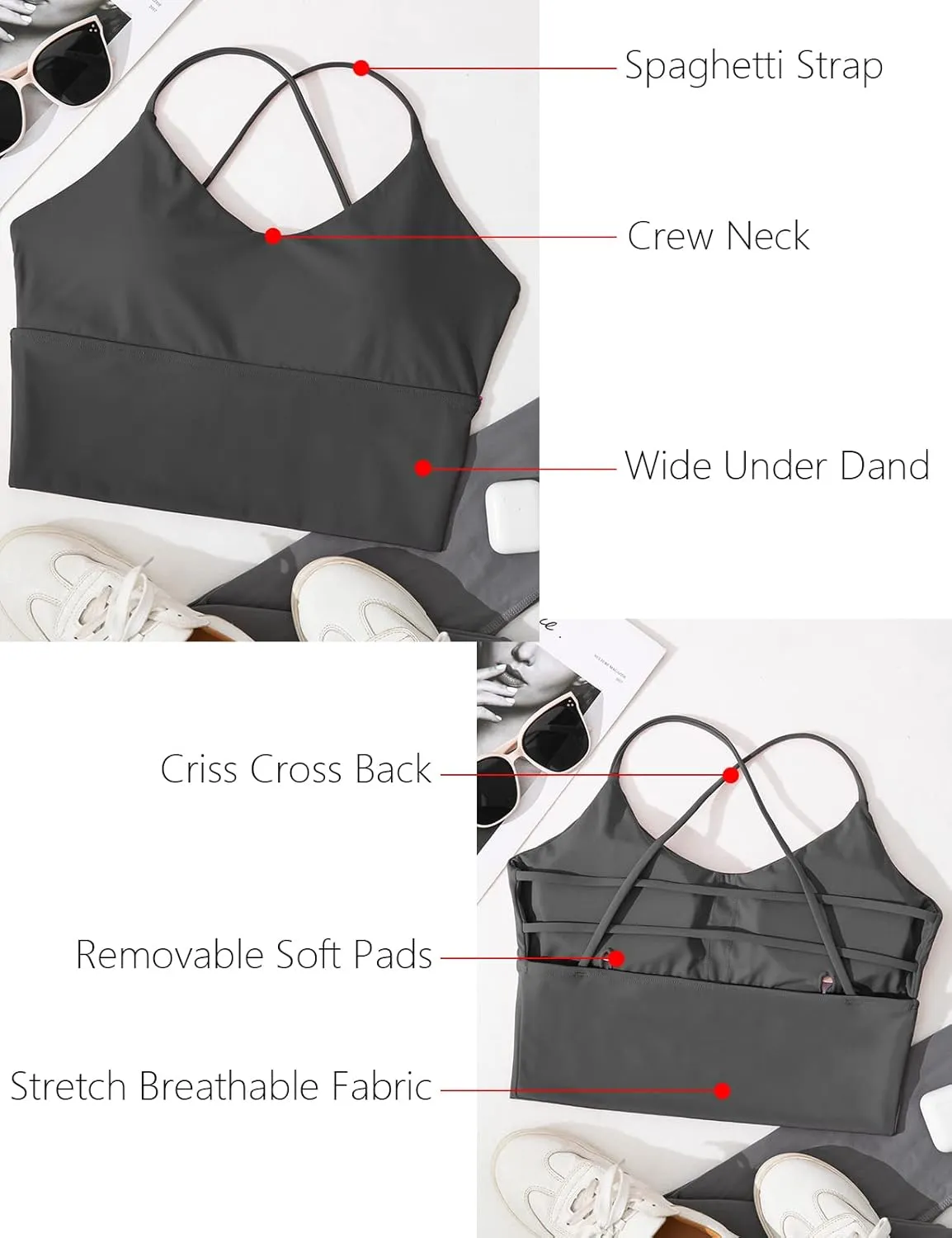 Everrysea Women Longline Sports Bra Strappy Open Back Workout Tank Tops Built in Bra Cross Activewear Yoga Shirts Fitness Gym