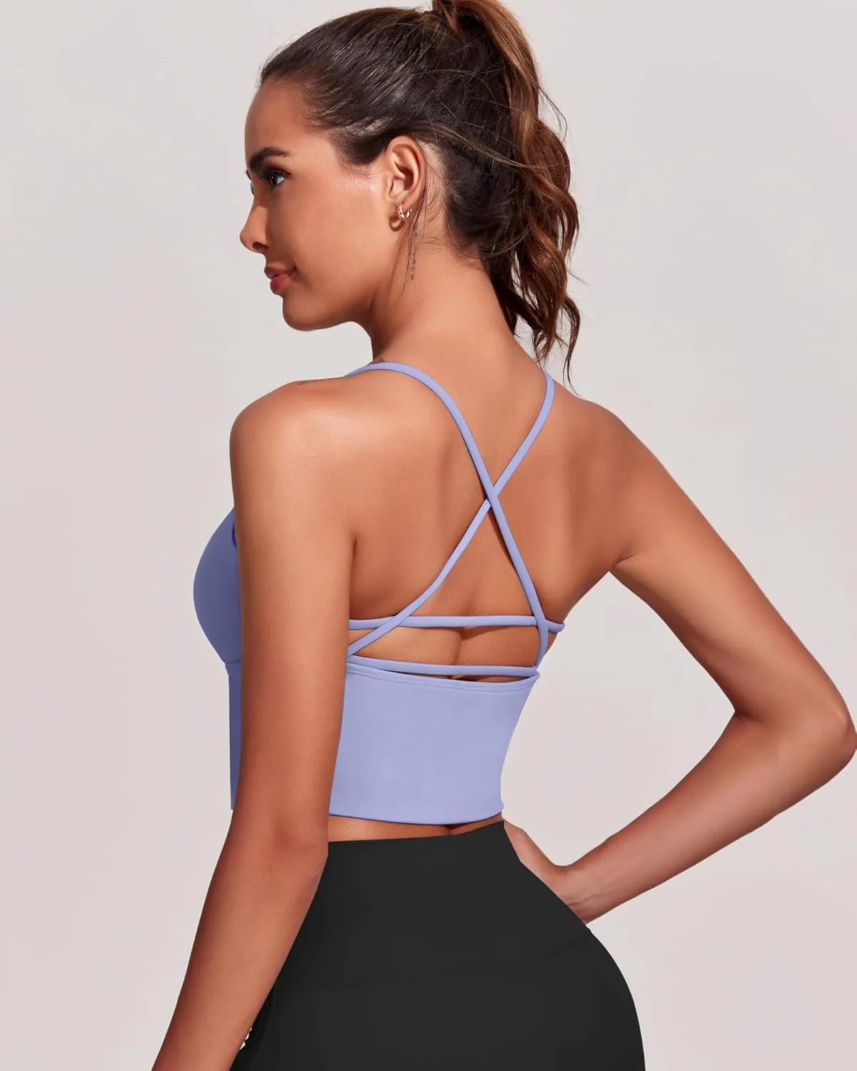 Everrysea Women Longline Sports Bra Strappy Open Back Workout Tank Tops Built in Bra Cross Activewear Yoga Shirts Fitness Gym