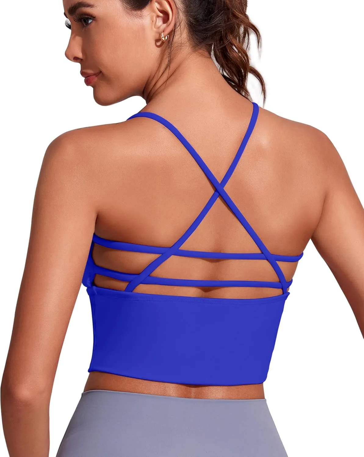 Everrysea Women Longline Sports Bra Strappy Open Back Workout Tank Tops Built in Bra Cross Activewear Yoga Shirts Fitness Gym