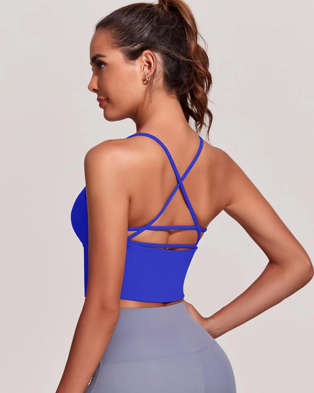 Everrysea Women Longline Sports Bra Strappy Open Back Workout Tank Tops Built in Bra Cross Activewear Yoga Shirts Fitness Gym