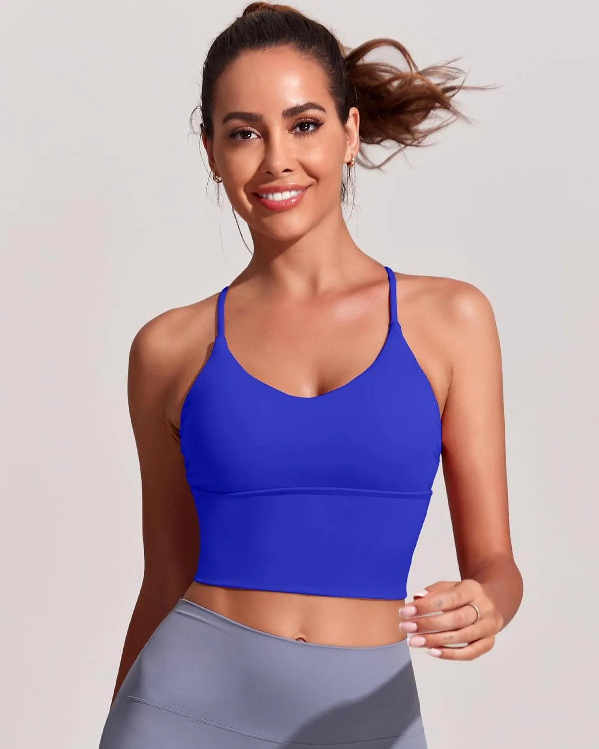 Everrysea Women Longline Sports Bra Strappy Open Back Workout Tank Tops Built in Bra Cross Activewear Yoga Shirts Fitness Gym
