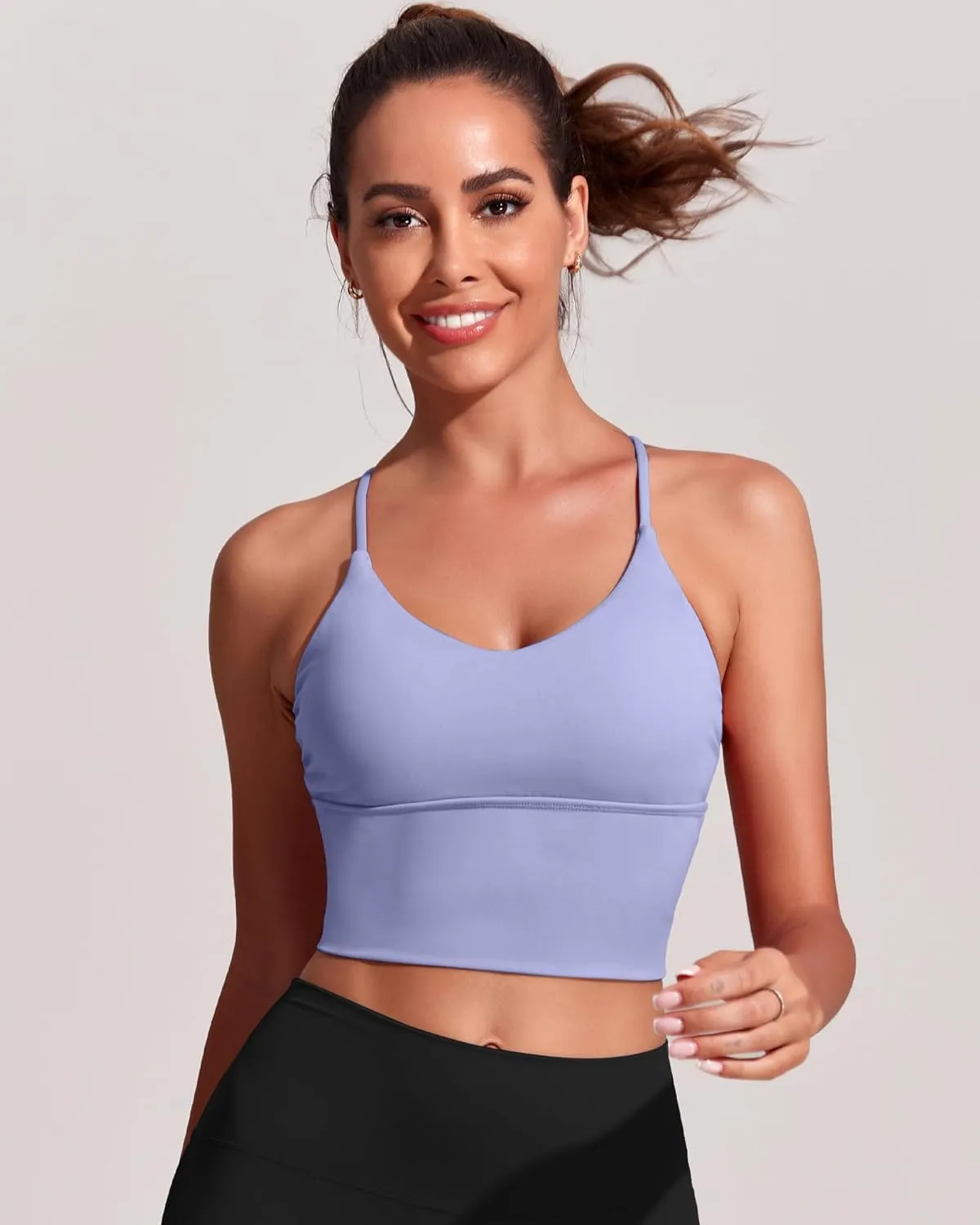 Everrysea Women Longline Sports Bra Strappy Open Back Workout Tank Tops Built in Bra Cross Activewear Yoga Shirts Fitness Gym