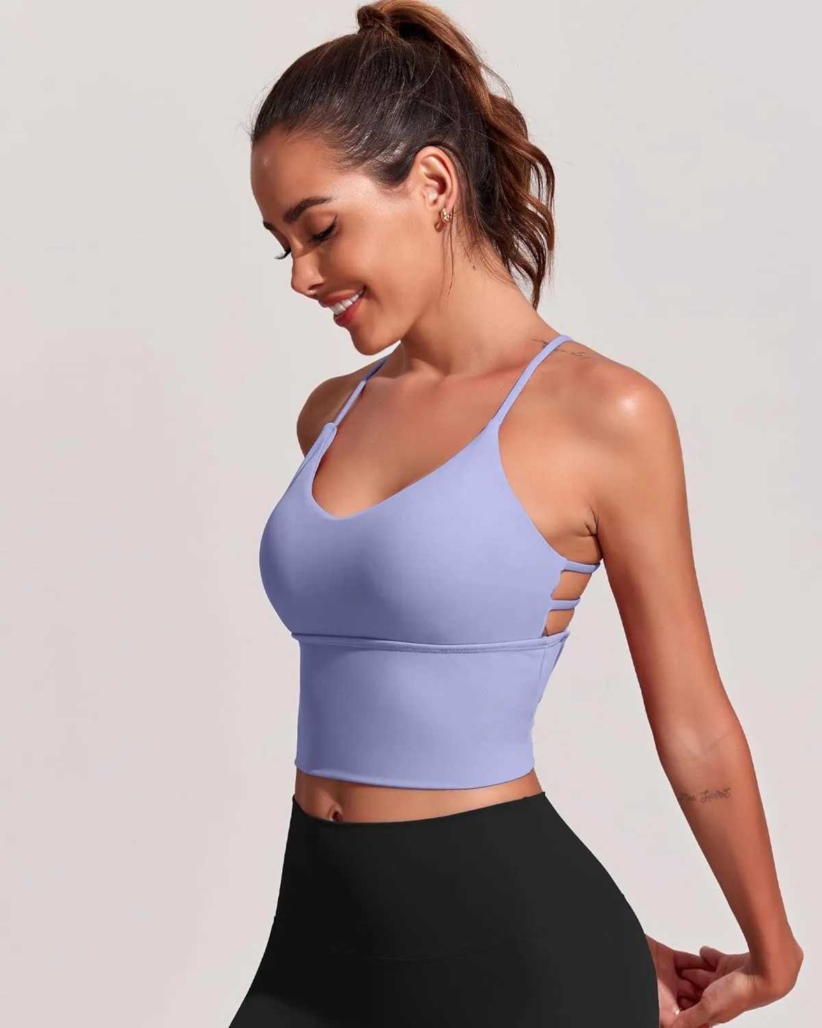 Everrysea Women Longline Sports Bra Strappy Open Back Workout Tank Tops Built in Bra Cross Activewear Yoga Shirts Fitness Gym