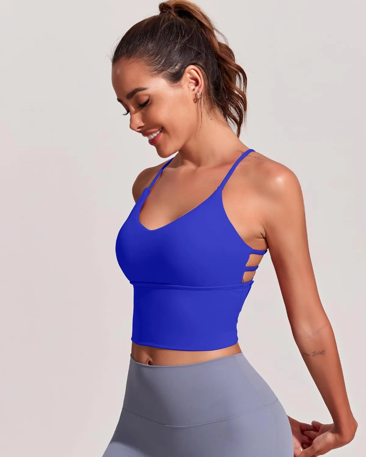 Everrysea Women Longline Sports Bra Strappy Open Back Workout Tank Tops Built in Bra Cross Activewear Yoga Shirts Fitness Gym