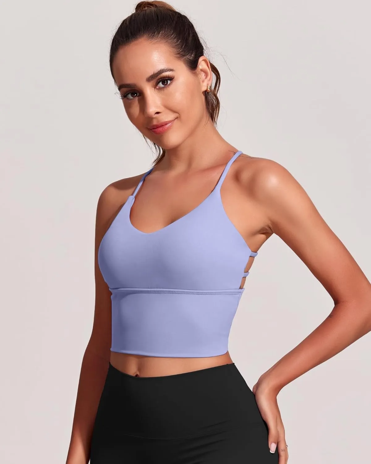 Everrysea Women Longline Sports Bra Strappy Open Back Workout Tank Tops Built in Bra Cross Activewear Yoga Shirts Fitness Gym