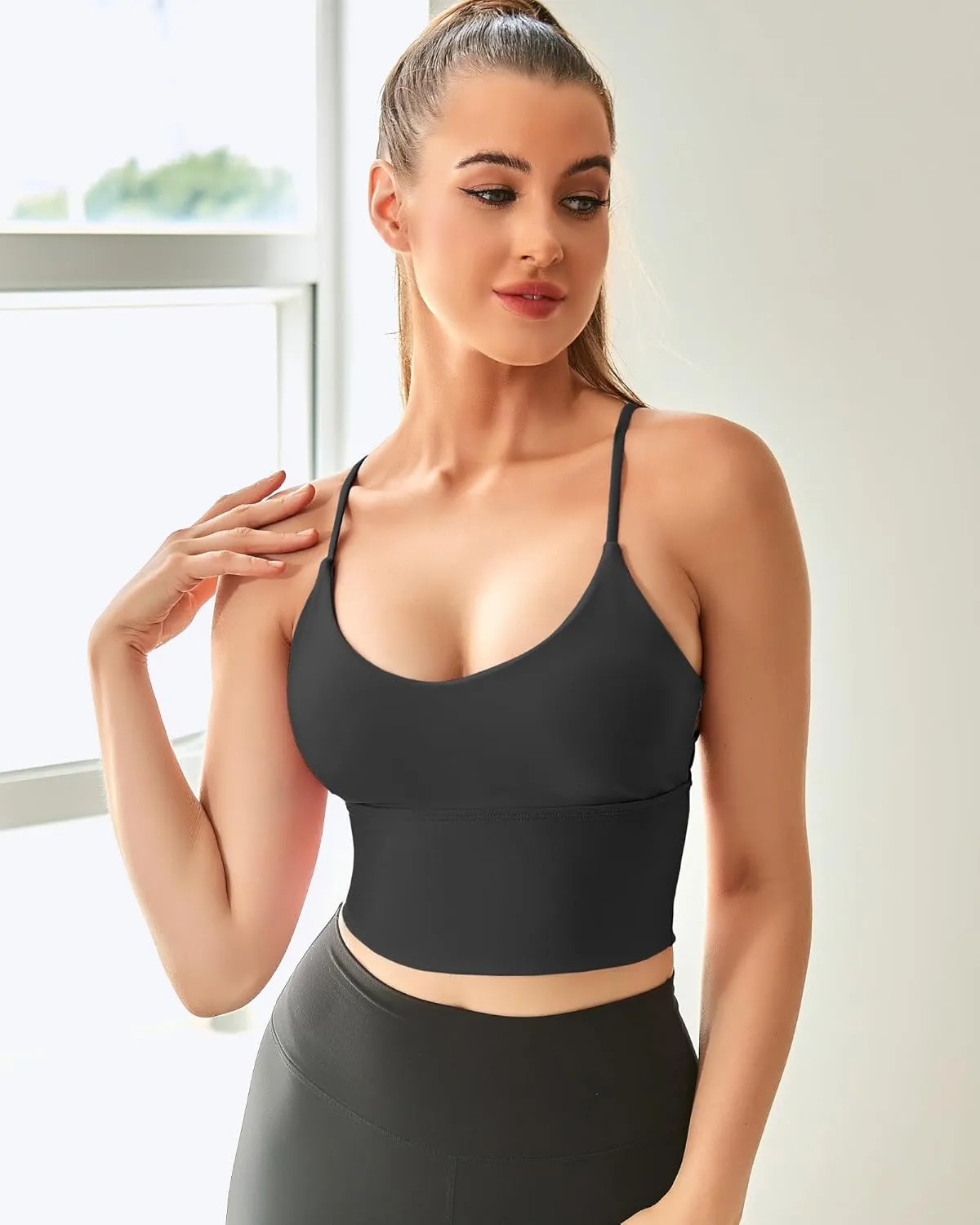 Everrysea Women Longline Sports Bra Strappy Open Back Workout Tank Tops Built in Bra Cross Activewear Yoga Shirts Fitness Gym