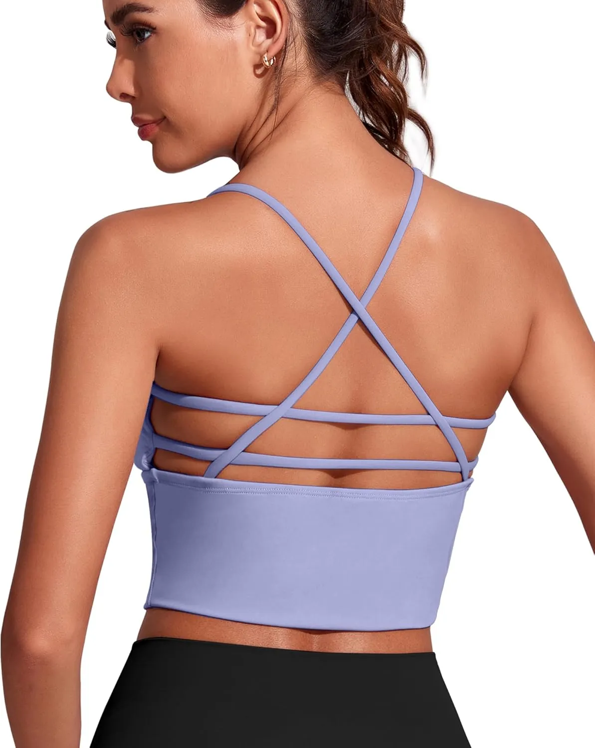 Everrysea Women Longline Sports Bra Strappy Open Back Workout Tank Tops Built in Bra Cross Activewear Yoga Shirts Fitness Gym