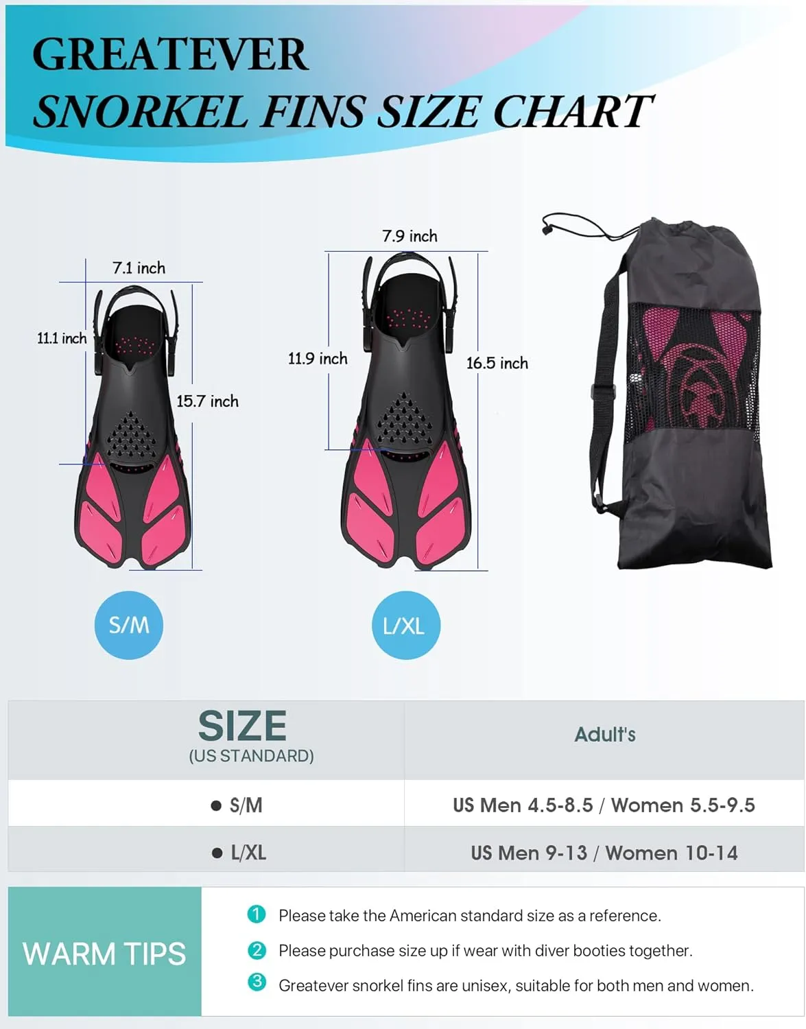 Greatever Snorkel Fins Adjustable Buckles Open Heel Swim Flippers Travel Size Short Swim Fins for Snorkeling Diving Swimming Adult Men Womens