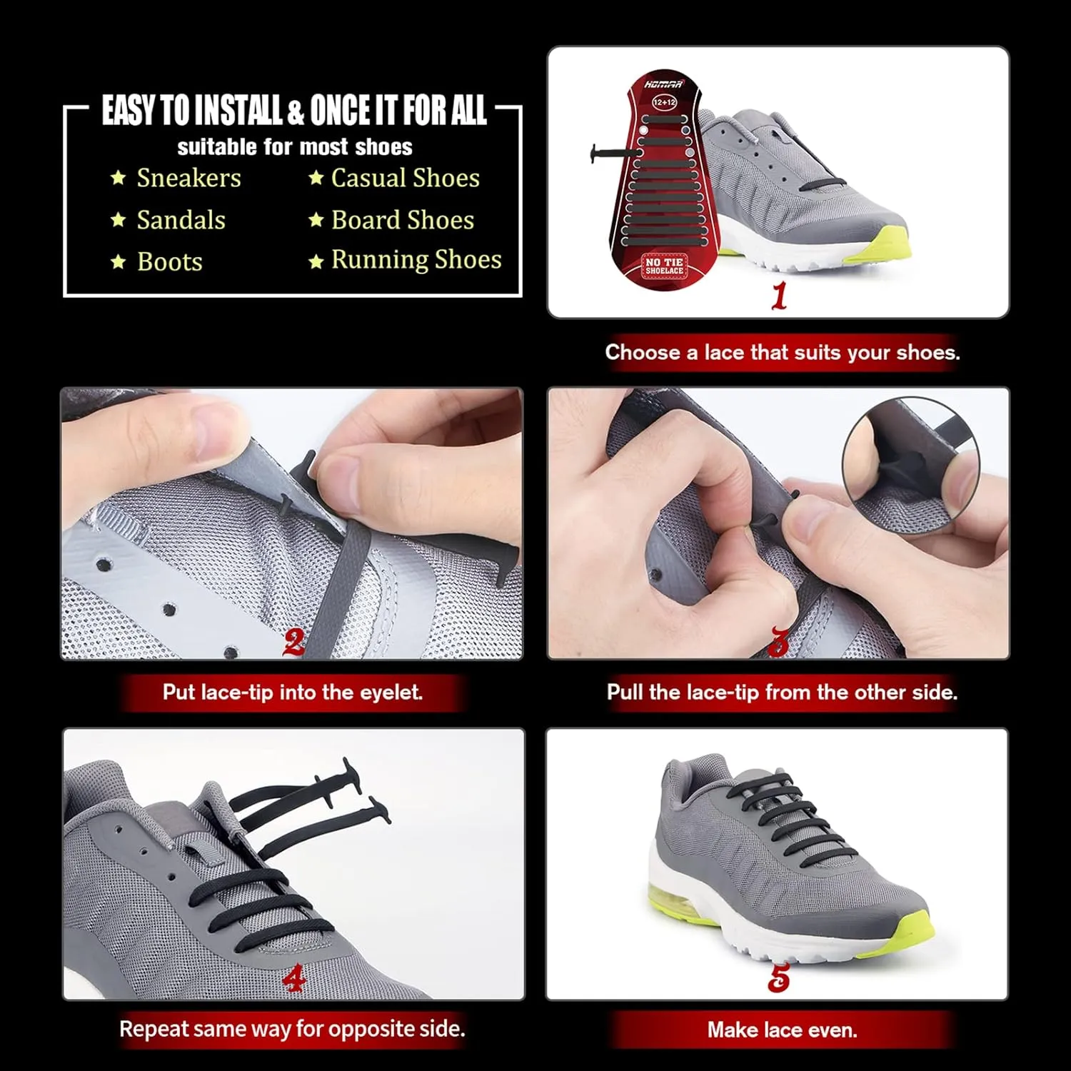 HOMAR No Tie Shoelaces for Kids Adults Stretch Elastic Tieless No Tie Shoe Laces