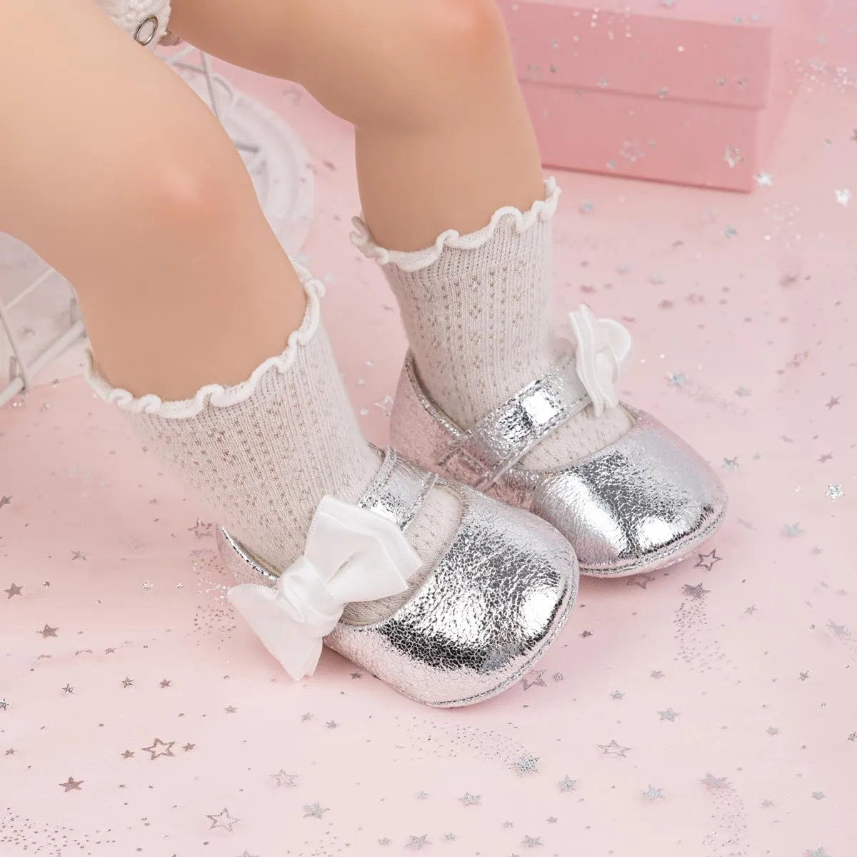 HsdsBebe Baby Girls Mary Jane Flats Non Slip Soft Sole Bowknot Princess Wedding Dress Shoes Toddler First Walkers Infant Newborn Baptism Crib Shoes