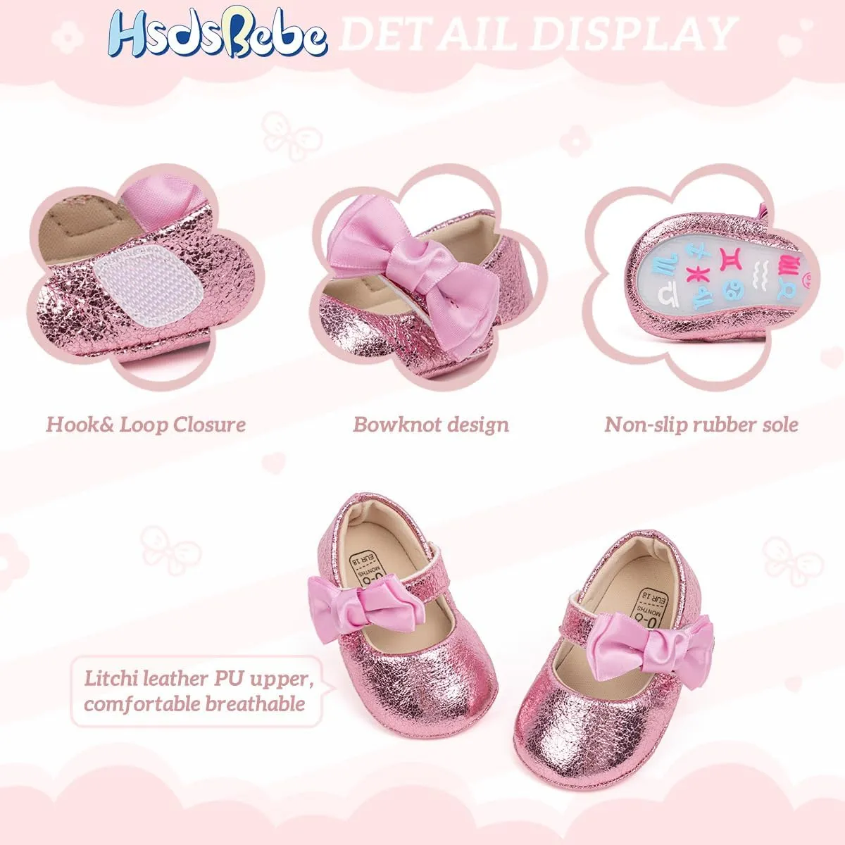 HsdsBebe Baby Girls Mary Jane Flats Non Slip Soft Sole Bowknot Princess Wedding Dress Shoes Toddler First Walkers Infant Newborn Baptism Crib Shoes
