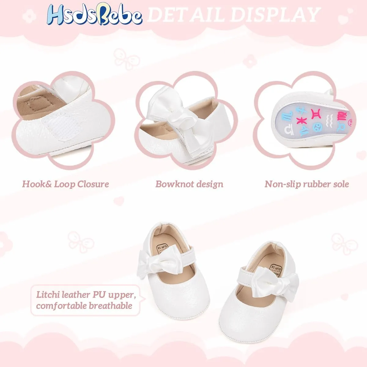 HsdsBebe Baby Girls Mary Jane Flats Non Slip Soft Sole Bowknot Princess Wedding Dress Shoes Toddler First Walkers Infant Newborn Baptism Crib Shoes
