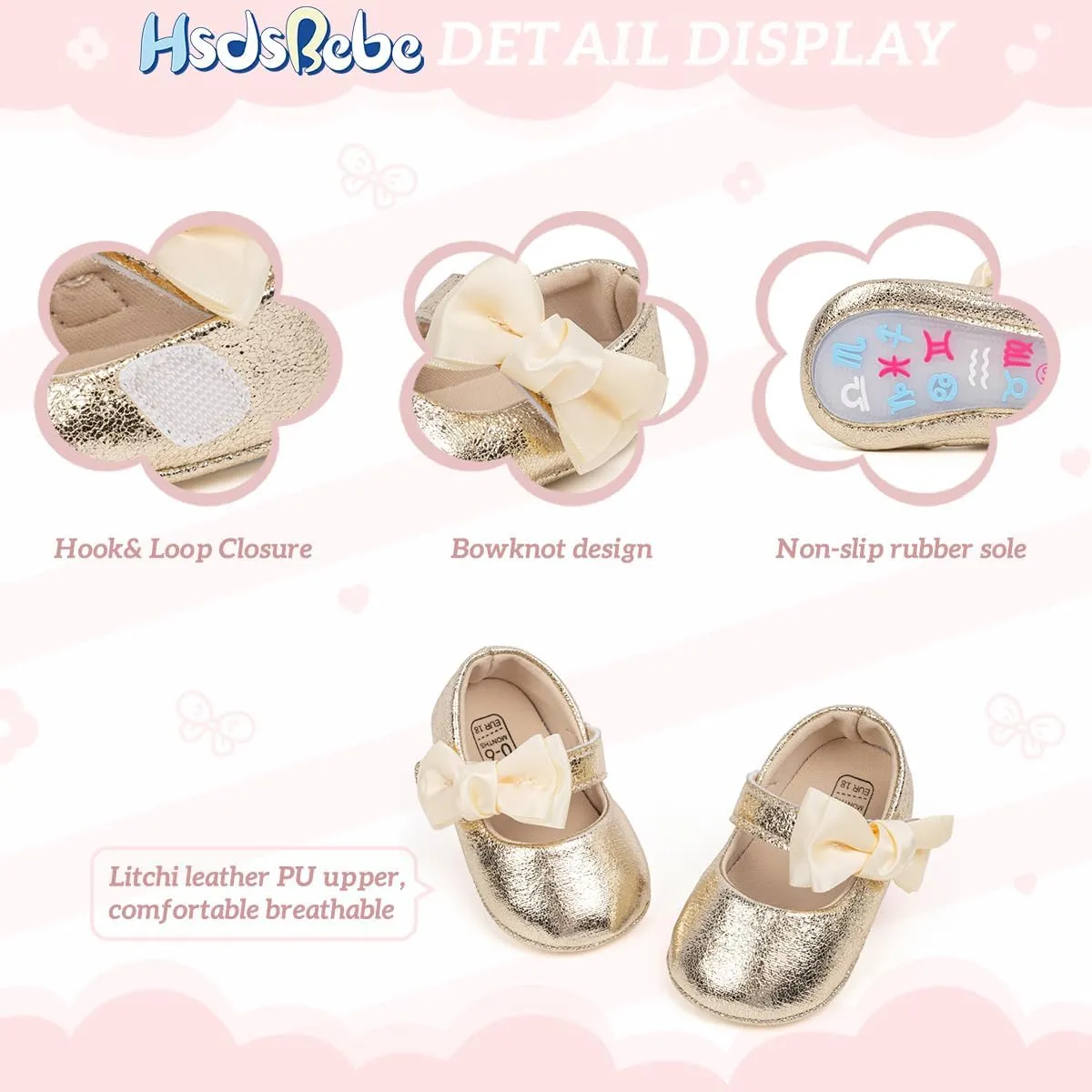 HsdsBebe Baby Girls Mary Jane Flats Non Slip Soft Sole Bowknot Princess Wedding Dress Shoes Toddler First Walkers Infant Newborn Baptism Crib Shoes