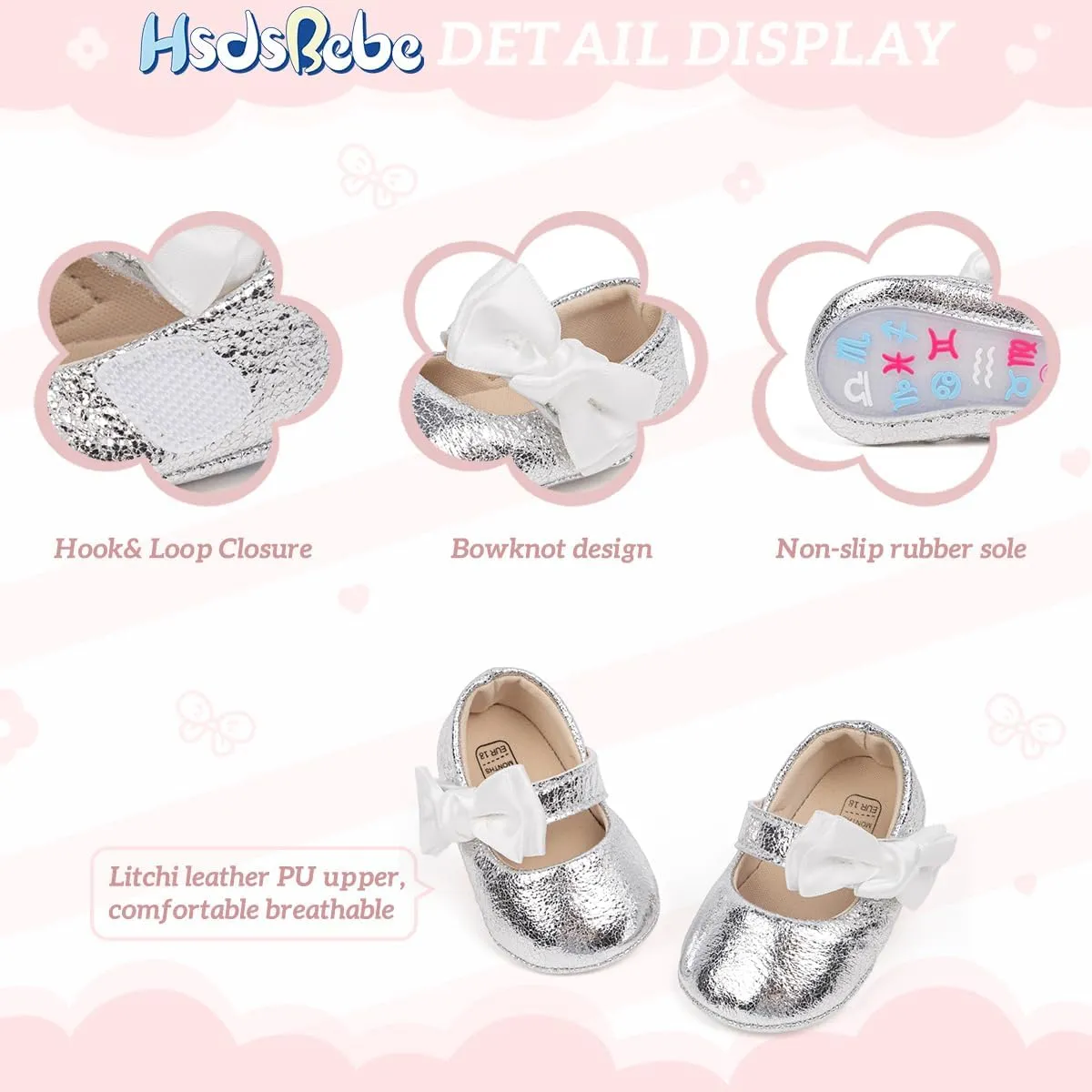 HsdsBebe Baby Girls Mary Jane Flats Non Slip Soft Sole Bowknot Princess Wedding Dress Shoes Toddler First Walkers Infant Newborn Baptism Crib Shoes