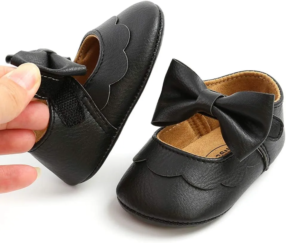 LAFEGEN Baby Girls Mary Jane Flats with Bownot Non Slip Soft Sole PU Leather Newborn Infant Toddler First Walker Cirb Dress Shoes
