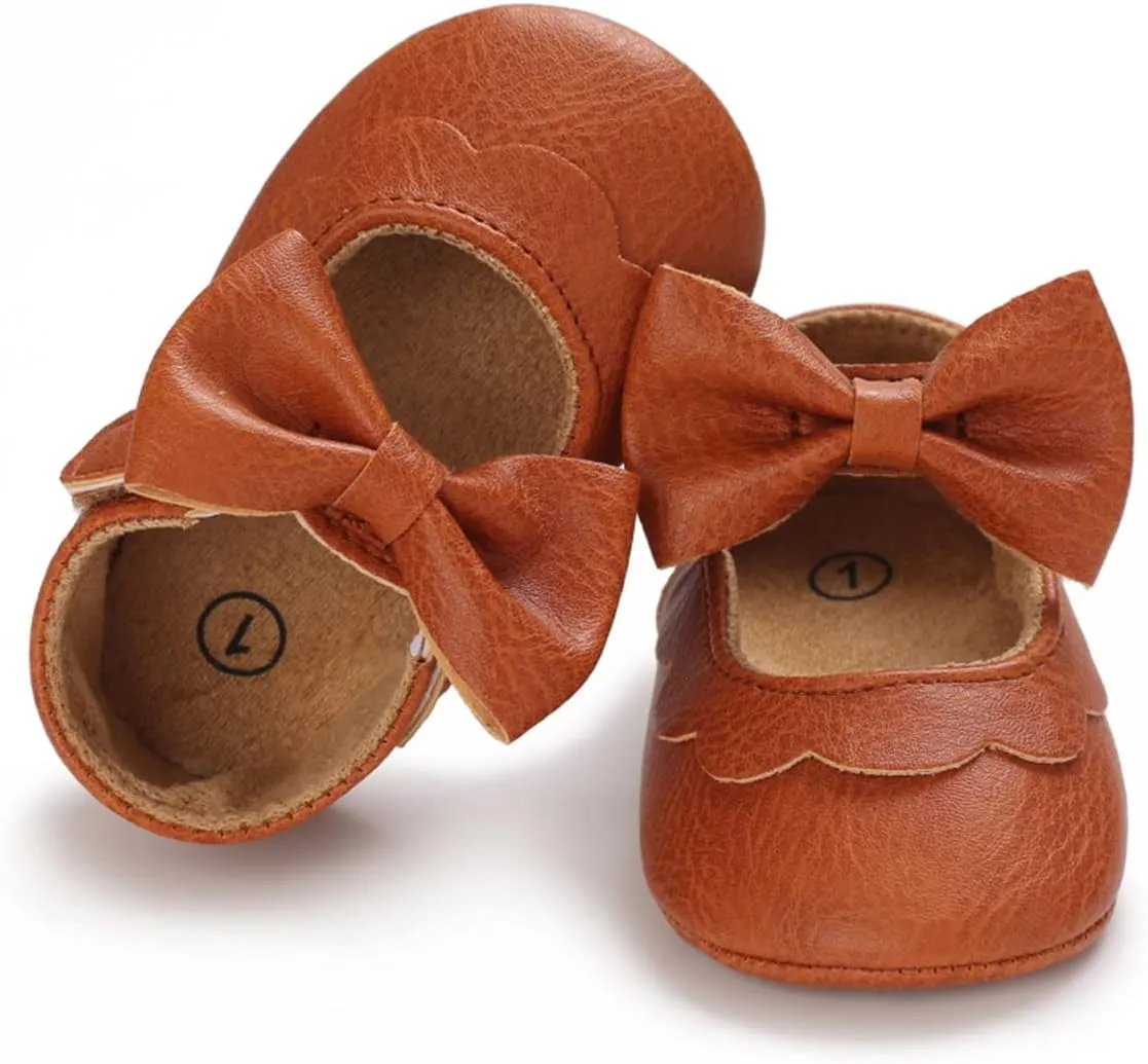 LAFEGEN Baby Girls Mary Jane Flats with Bownot Non Slip Soft Sole PU Leather Newborn Infant Toddler First Walker Cirb Dress Shoes