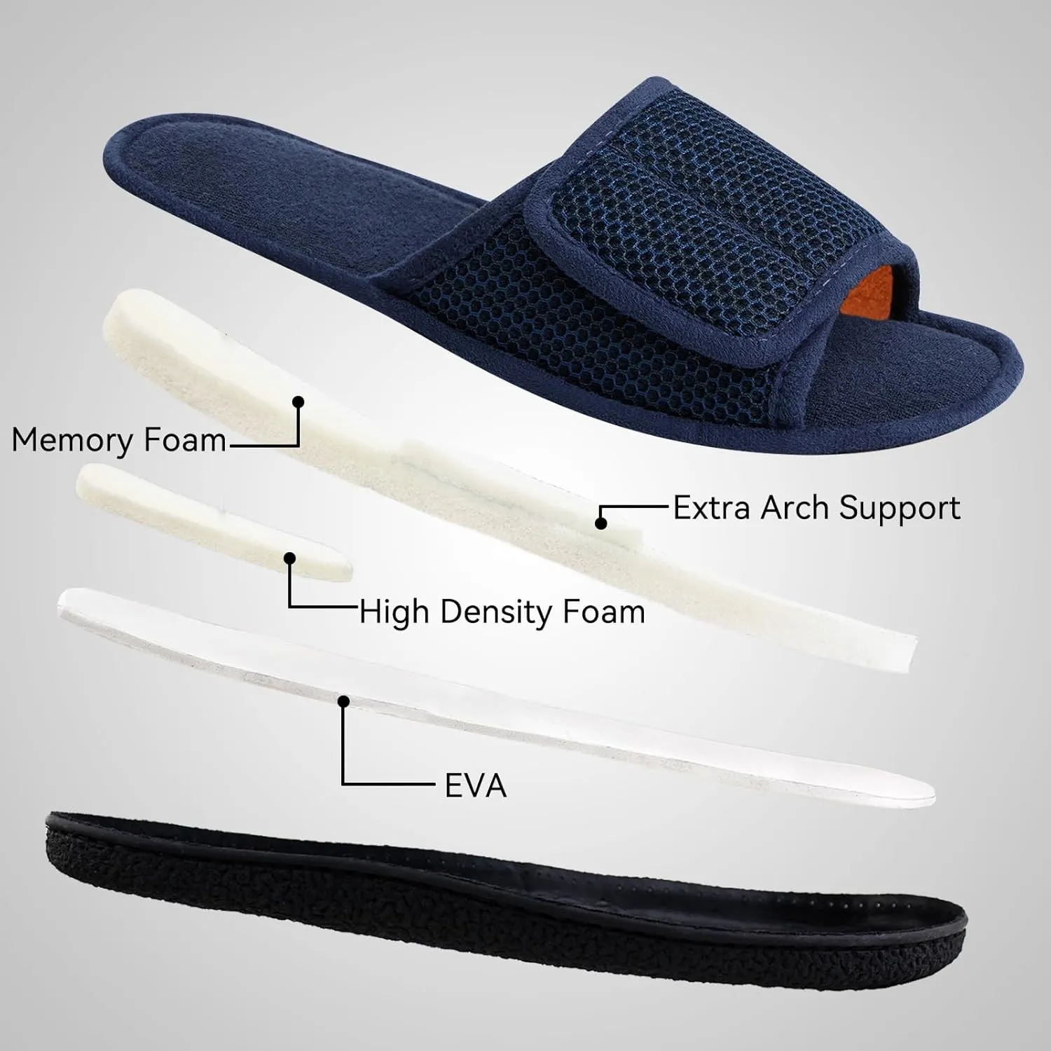 Magtoe Men's Adjustable Indoor Slippers Open Toe Arch Support Memory Foam Home Slippers