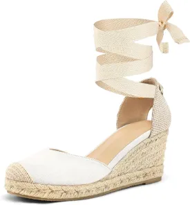 mysoft Women's Espadrille Platform Wedge Sandals Closed Toe Ankle Strap Lace up Summer Shoes