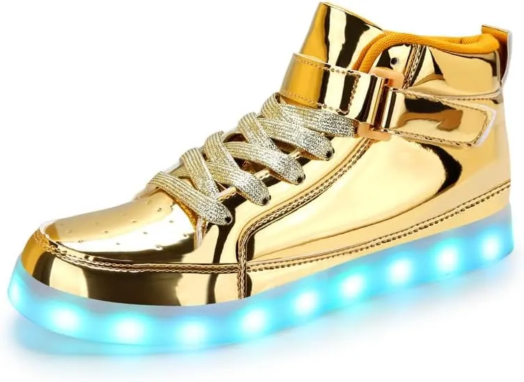 Padgene Women's Men's LED Lights Up Shoes Unisex Luminous Flashing Trainers USB Charging Lace Up Couples Dancing Shoes Gold