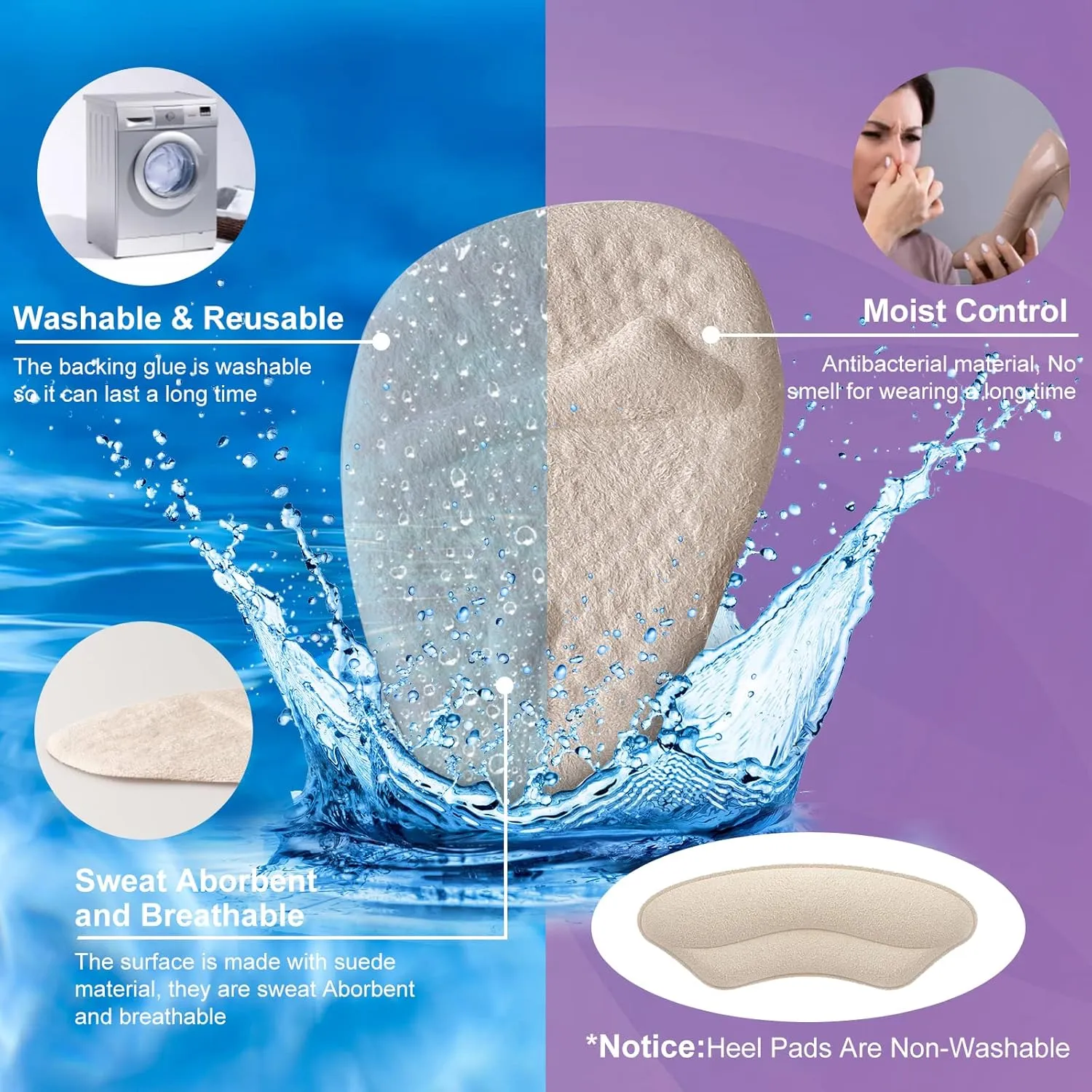 Riootlnm Metatarsal Pads, Ball of Foot Cushions, Heel Pads Inserts for Too Big Shoe, Reduce Foot Pain, No Slip Heel Grips Liners Pads for Loose Shoe, Blisters (2pairsbeige)