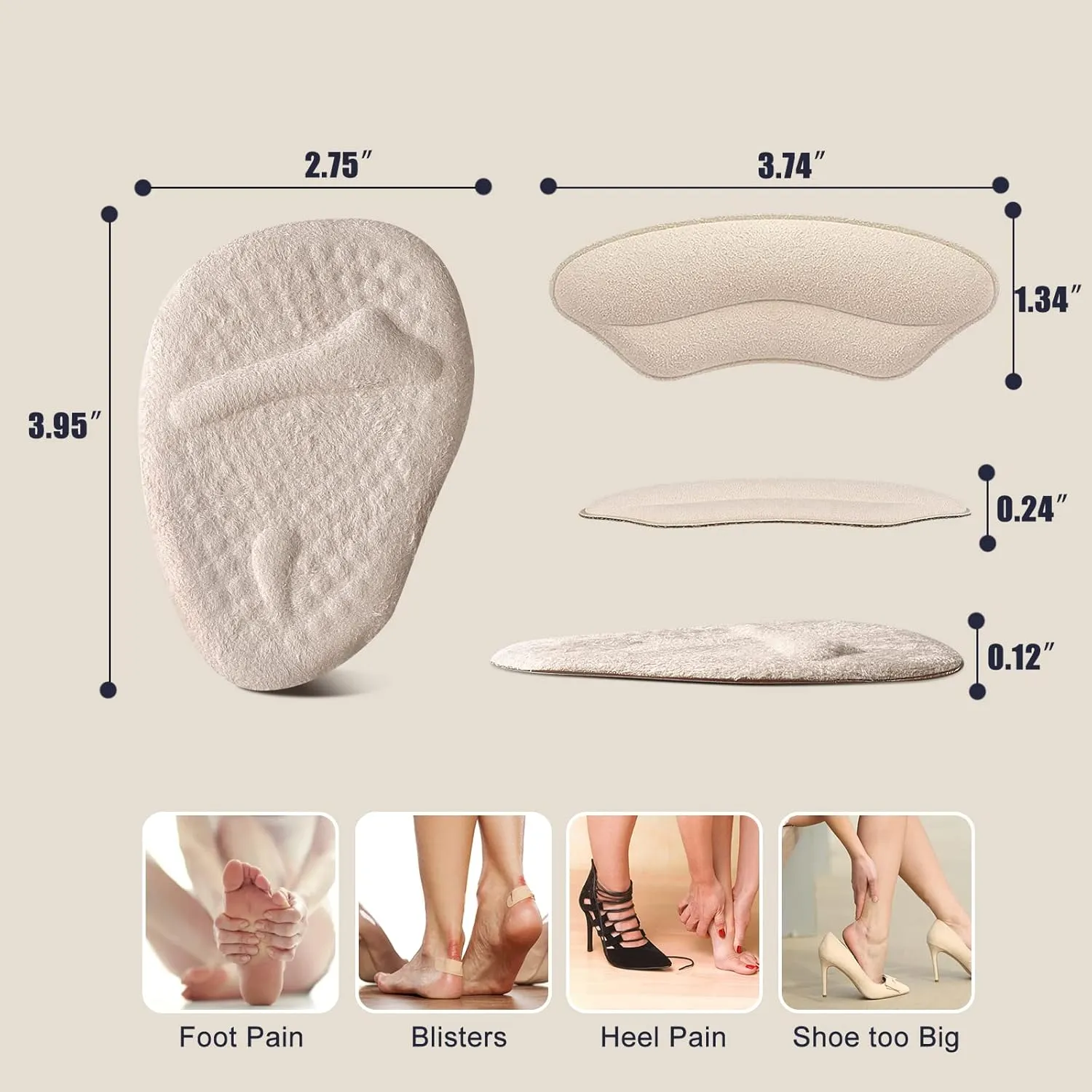 Riootlnm Metatarsal Pads, Ball of Foot Cushions, Heel Pads Inserts for Too Big Shoe, Reduce Foot Pain, No Slip Heel Grips Liners Pads for Loose Shoe, Blisters (2pairsbeige)