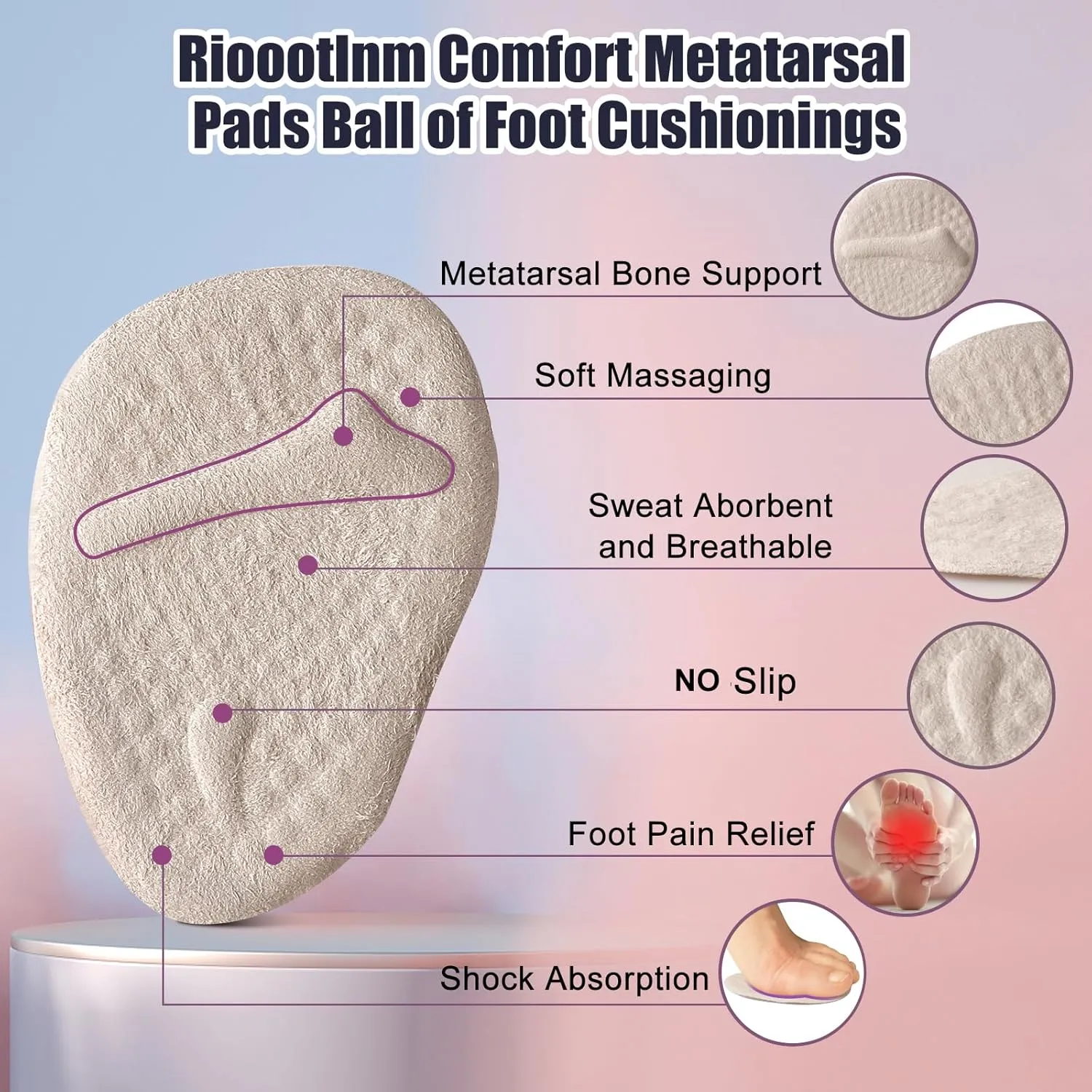 Riootlnm Metatarsal Pads, Ball of Foot Cushions, Heel Pads Inserts for Too Big Shoe, Reduce Foot Pain, No Slip Heel Grips Liners Pads for Loose Shoe, Blisters (2pairsbeige)