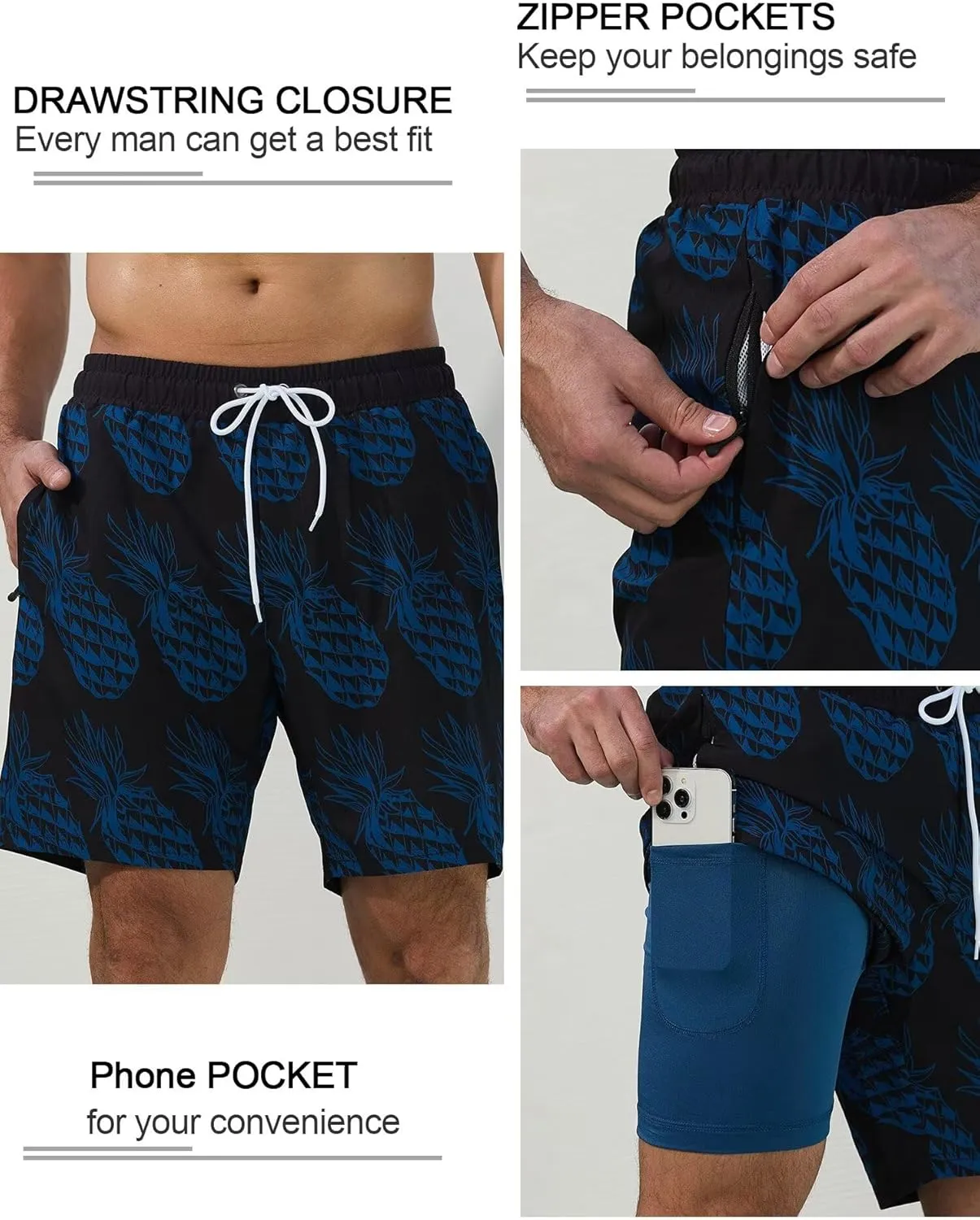 SILKWORLD Mens Swim Trunks Quick Dry Swimming Shorts with Compression Liner and Zipper Pockets