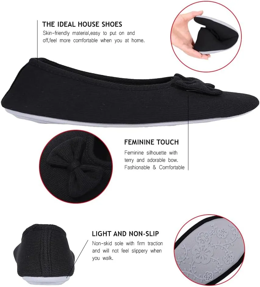 Urbancolor Women's Washable Memory Foam Ballerina Slippers Light Weight Terry Cloth House Shoes/Stretchable Heel Design