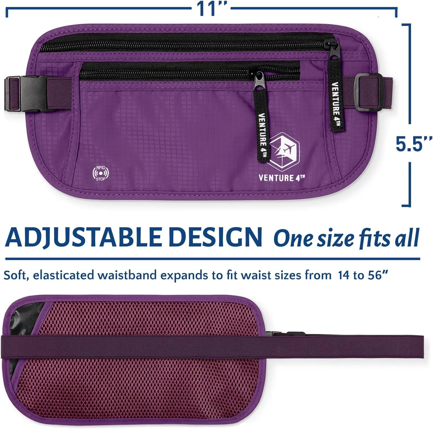 VENTURE 4TH Travel Money Belt - Slim Passport Holder RFID Blocking Travel Pouch to Protect Cash, Credit Cards and Travel Documents (Purple)