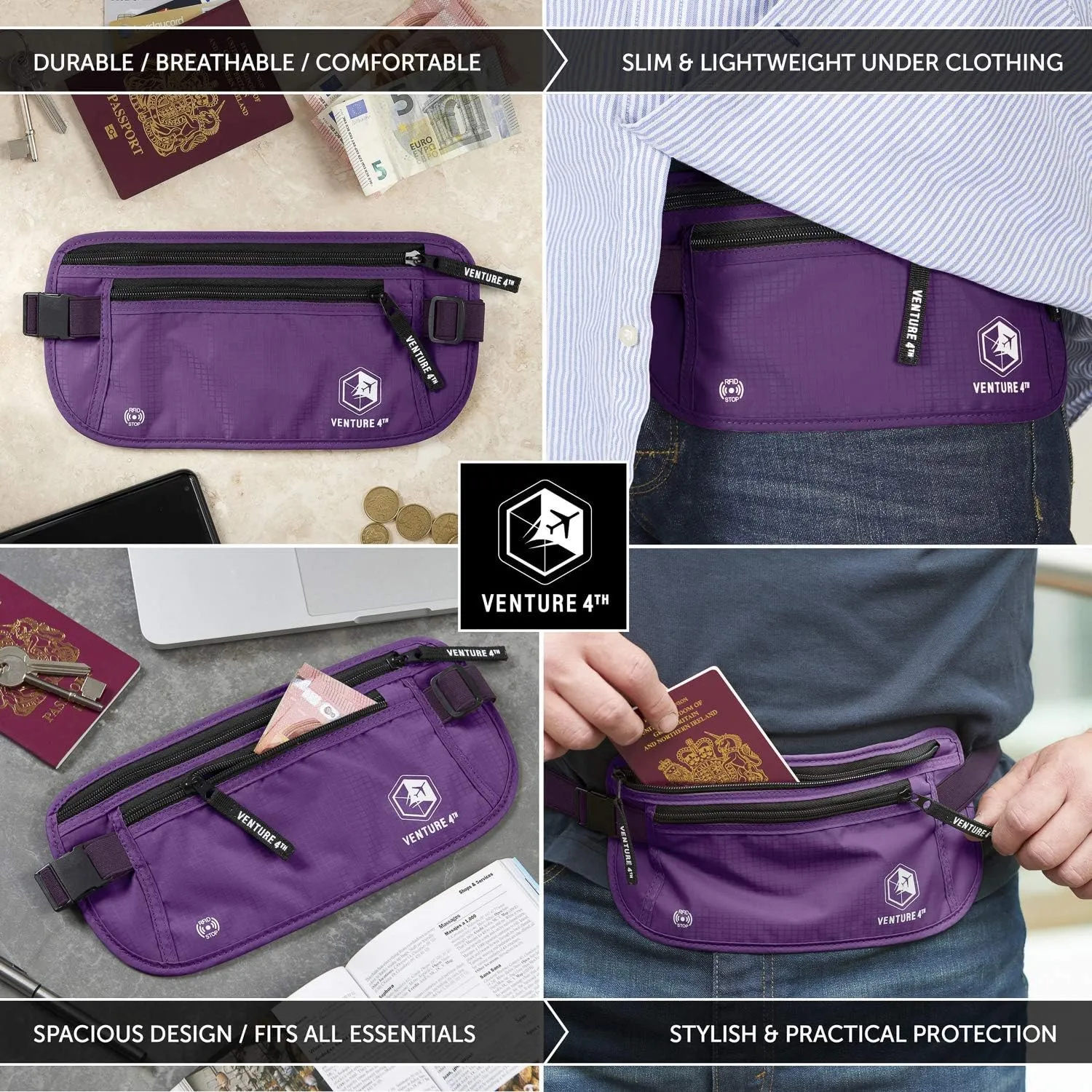 VENTURE 4TH Travel Money Belt - Slim Passport Holder RFID Blocking Travel Pouch to Protect Cash, Credit Cards and Travel Documents (Purple)