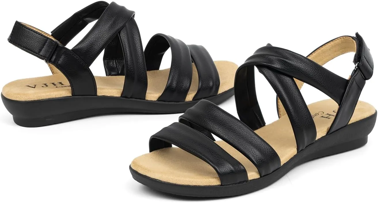 VJH confort Womens Flat Sandals, Soft Straps Slip-on Open Toe Light Weight Elastic Slingback Comfort Casual Walking Sandals