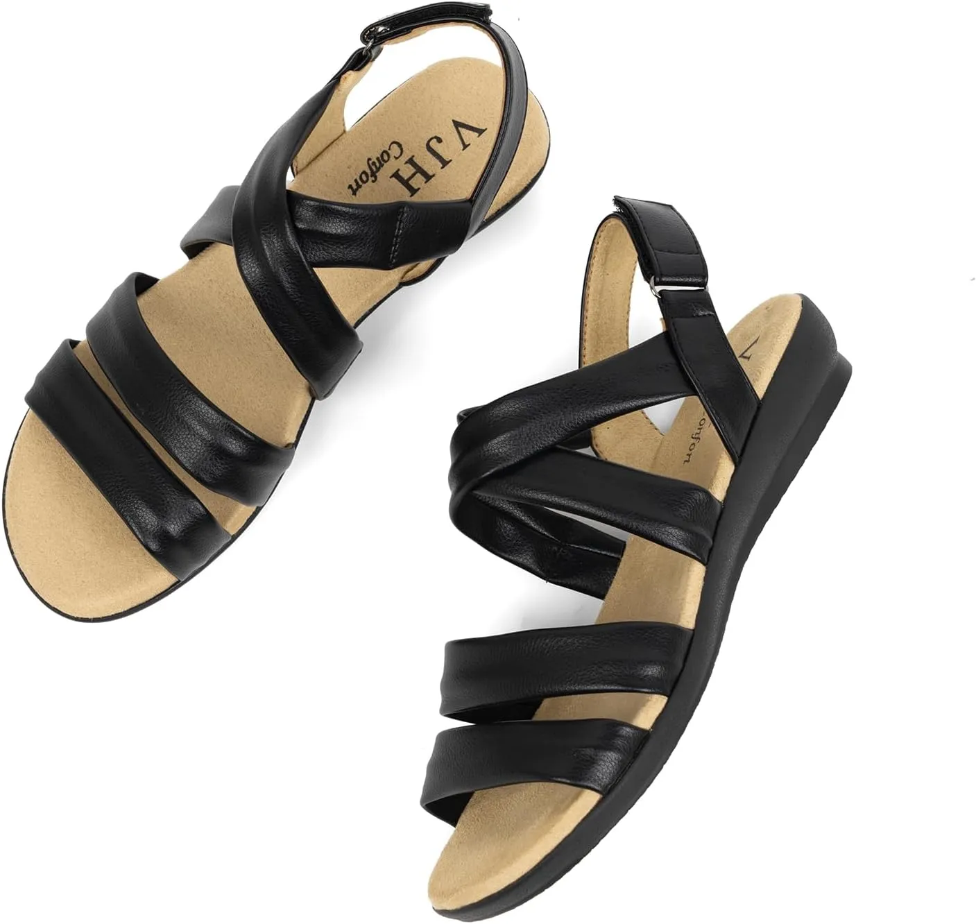 VJH confort Womens Flat Sandals, Soft Straps Slip-on Open Toe Light Weight Elastic Slingback Comfort Casual Walking Sandals