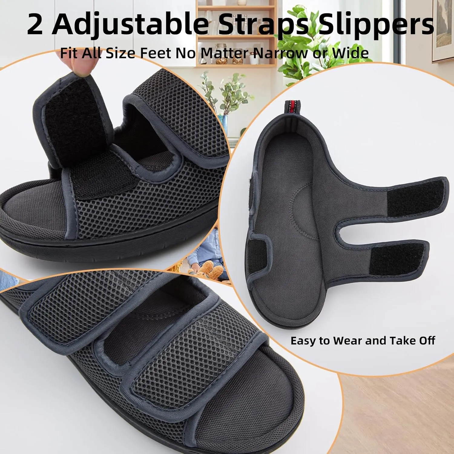 WALKFUN Arch Support Mesh Adjustable Diabetic House Shoes Open Toe Closed Back Slip-on Indoor Slippers for Men and Women Outdoor