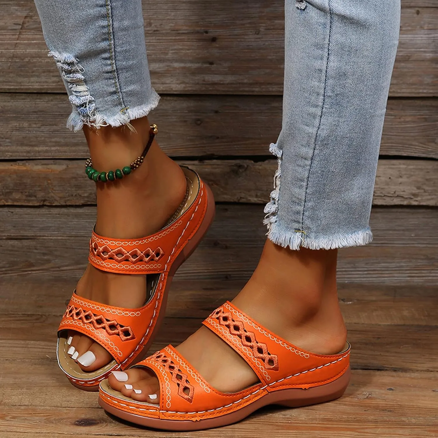 Women Wedge Platform Sandals Open Toe Slip On Boho Sandal Two Strap Summer Casual Slides Rubber Sole Beach Shoes